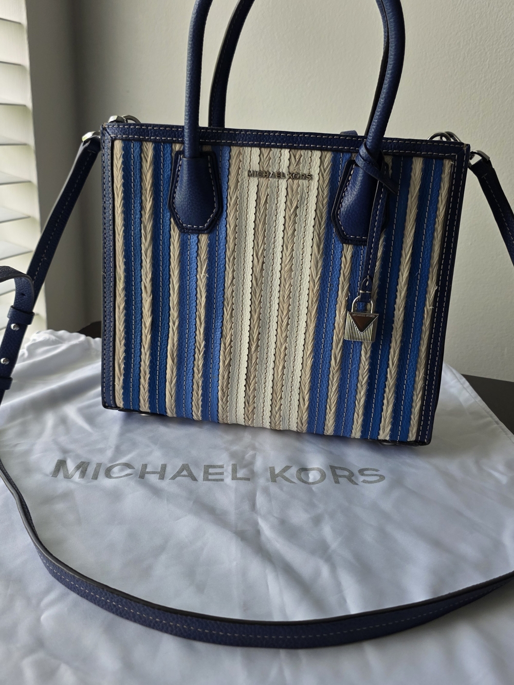 Michael Kors Blue and Cream Striped Satchel